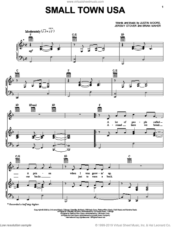 Small Town USA sheet music for voice, piano or guitar by Justin Moore, Brian Maher and Jeremy Stover, intermediate skill level