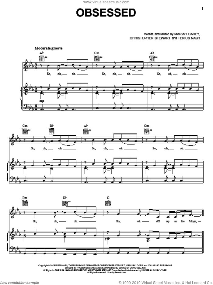 Obsessed sheet music for voice, piano or guitar by Mariah Carey, Christopher Stewart and Terius Nash, intermediate skill level