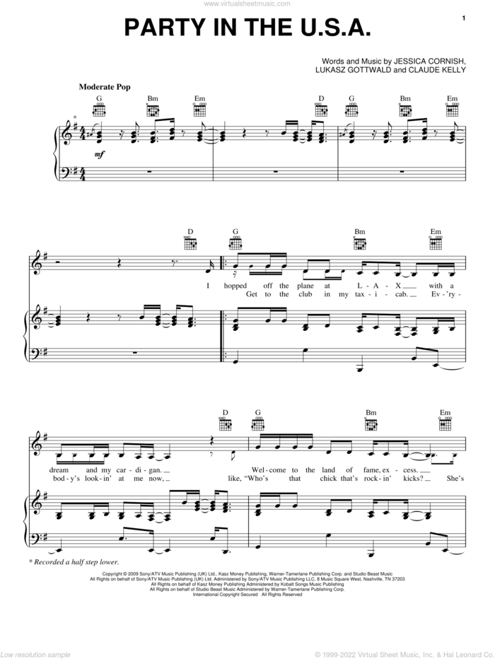 Party In The USA sheet music for voice, piano or guitar by Miley Cyrus, Claude Kelly, Jessica Cornish and Lukasz Gottwald, intermediate skill level
