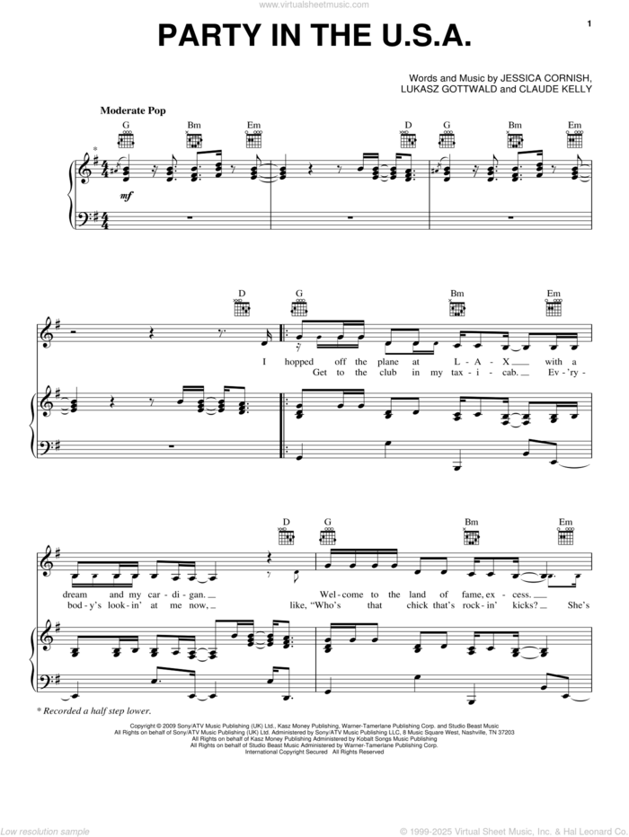 Party In The USA sheet music for voice, piano or guitar by Miley Cyrus, Claude Kelly, Jessica Cornish and Lukasz Gottwald, intermediate skill level