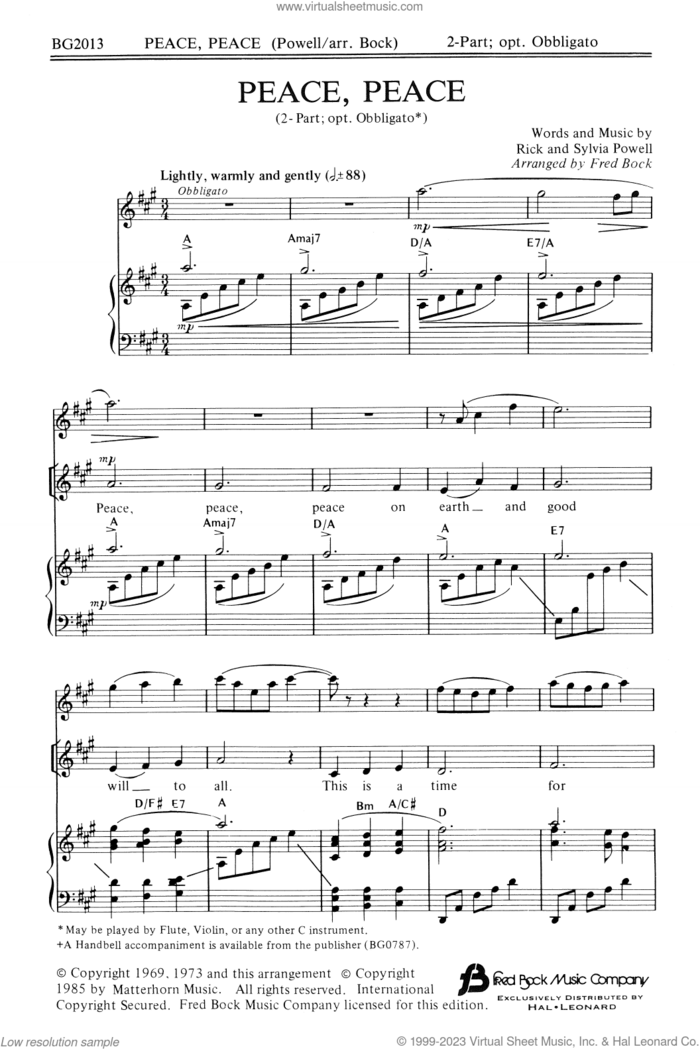 Peace, Peace (arr. Fred Bock) sheet music for choir (2-Part) by Rick & Sylvia Powell, Fred Bock, Rick Powell and Sylvia Powell, intermediate duet