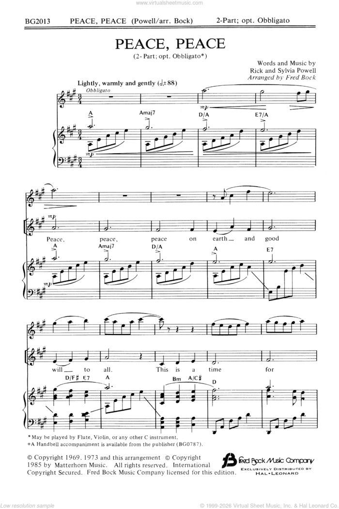Peace, Peace (arr. Fred Bock) sheet music for choir (2-Part) by Rick & Sylvia Powell, Fred Bock, Rick Powell and Sylvia Powell, intermediate duet