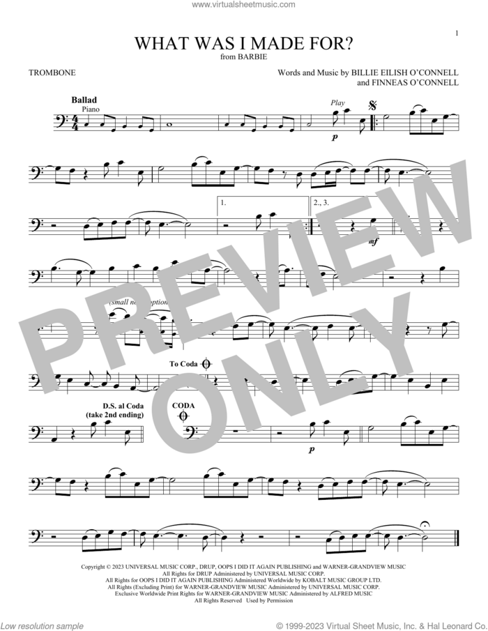 What Was I Made For? (from Barbie) sheet music for trombone solo by Billie Eilish, intermediate skill level