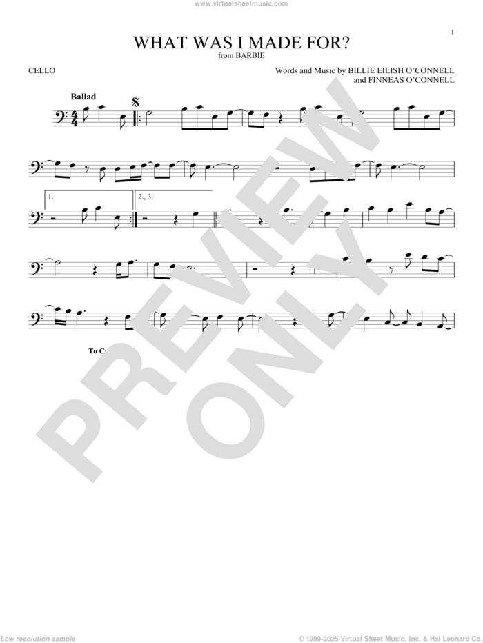 What Was I Made For? (from Barbie) sheet music for cello solo by Billie Eilish, intermediate skill level