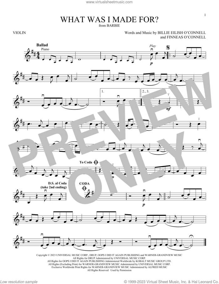 What Was I Made For? (from Barbie) sheet music for violin solo by Billie Eilish, intermediate skill level