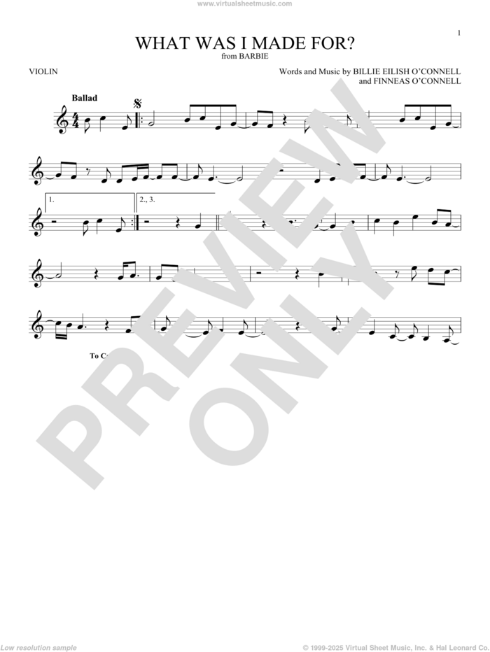 What Was I Made For? (from Barbie) sheet music for violin solo by Billie Eilish, intermediate skill level