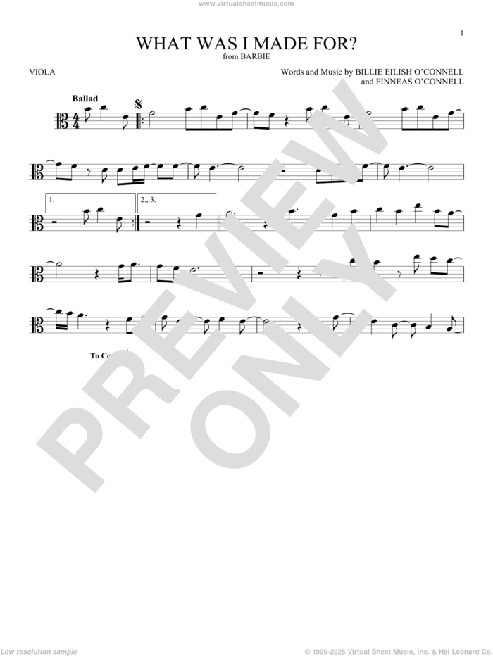 What Was I Made For? (from Barbie) sheet music for viola solo by Billie Eilish, intermediate skill level