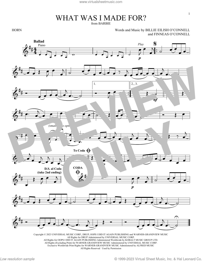 What Was I Made For? (from Barbie) sheet music for horn solo by Billie Eilish, intermediate skill level