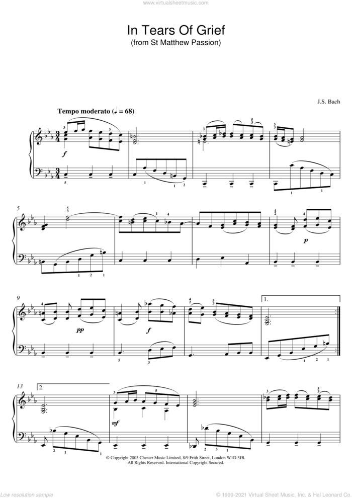 In Tears Of Grief (from St Matthew Passion) sheet music for piano solo by Johann Sebastian Bach, classical score, intermediate skill level