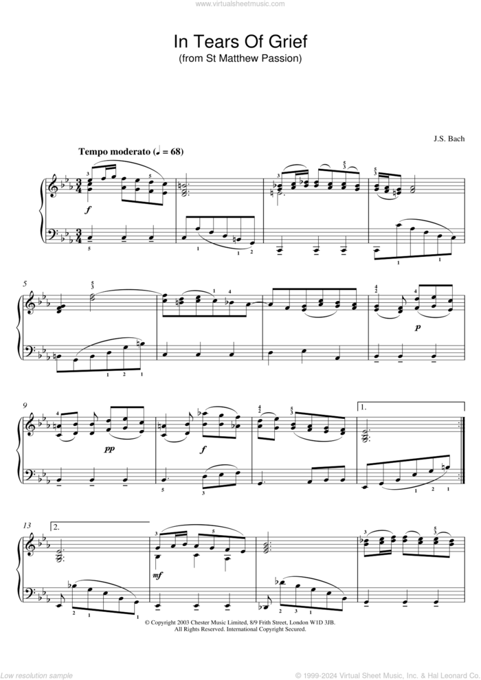 In Tears Of Grief (from St Matthew Passion) sheet music for piano solo by Johann Sebastian Bach, classical score, intermediate skill level