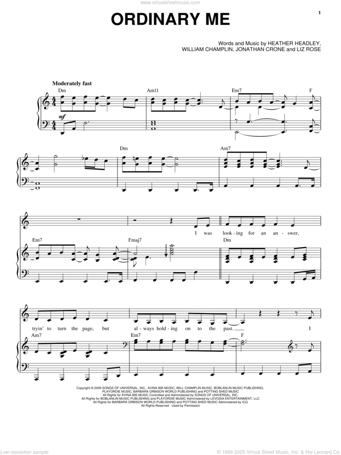 Ordinary Me sheet music for voice, piano or guitar by Heather Headley, Jonathan Crone, Liz Rose and William Champlin, intermediate skill level