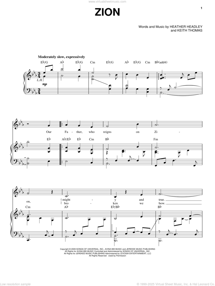 Zion sheet music for voice, piano or guitar by Heather Headley and Keith Thomas, intermediate skill level