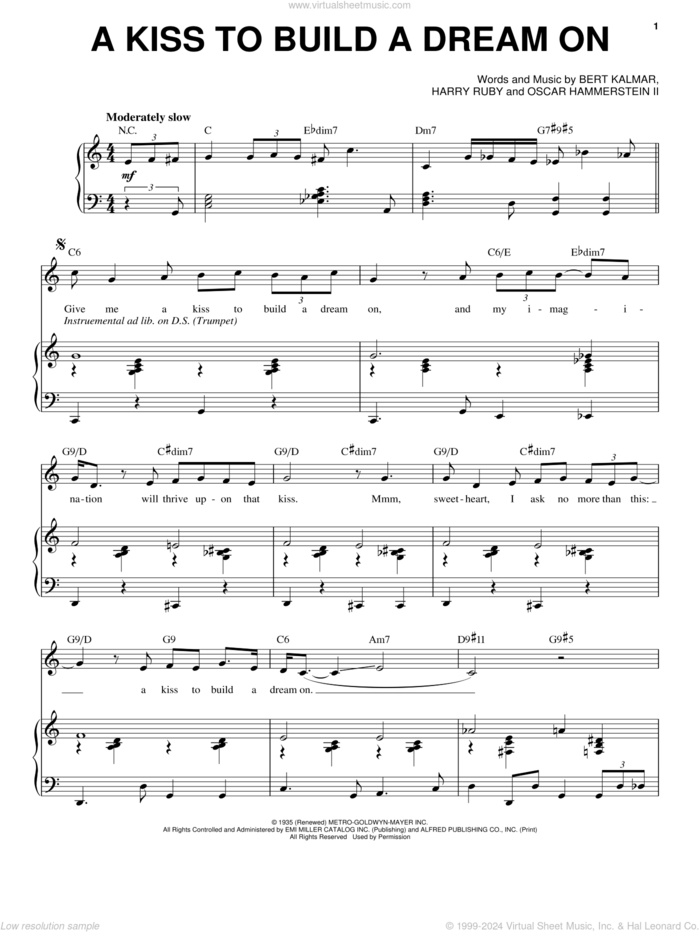 A Kiss To Build A Dream On sheet music for voice and piano by Louis Armstrong, Bert Kalmar, Harry Ruby and Oscar II Hammerstein, wedding score, intermediate skill level