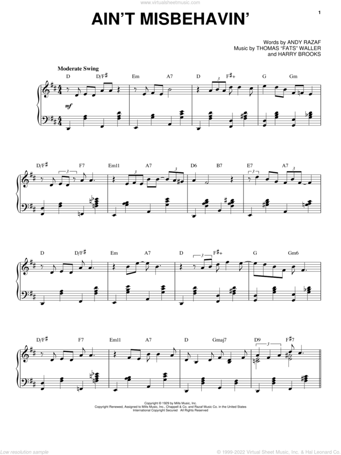 Ain't Misbehavin' sheet music for voice and piano by Louis Armstrong, Thomas Waller, Andy Razaf, Thomas Waller and Harry Brooks, intermediate skill level