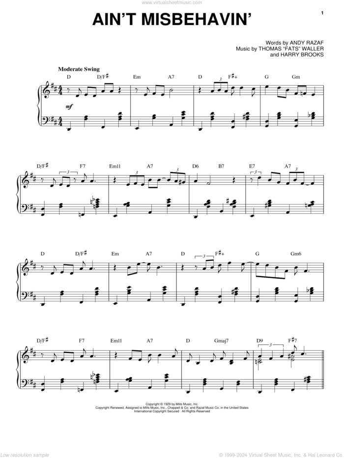 Ain't Misbehavin' sheet music for voice and piano by Louis Armstrong, Thomas Waller, Andy Razaf, Thomas Waller and Harry Brooks, intermediate skill level