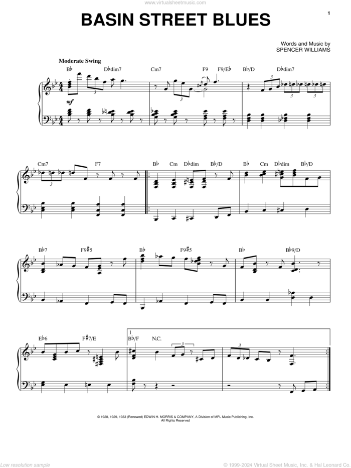 Basin Street Blues sheet music for voice and piano by Louis Armstrong and Spencer Williams, intermediate skill level