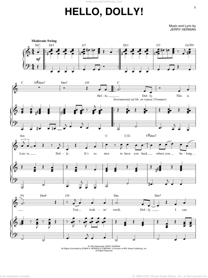 Hello, Dolly! sheet music for voice and piano by Louis Armstrong, Hello, Dolly! (Musical) and Jerry Herman, intermediate skill level
