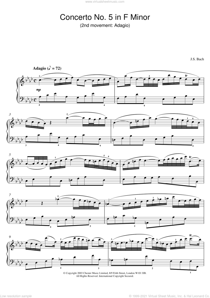 Piano Concerto No. 5 in F Minor (2nd movement: Adagio) sheet music for piano solo by Johann Sebastian Bach, classical score, intermediate skill level