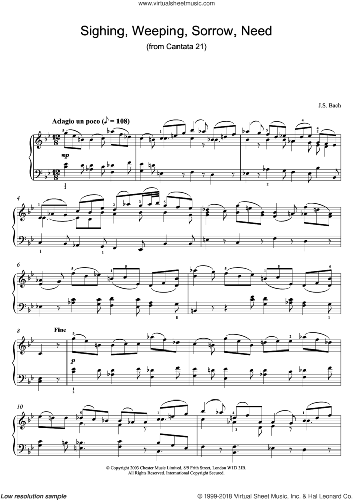 Sighing, Weeping, Sorrow, Need (from Cantata 21) sheet music for piano solo by Johann Sebastian Bach, classical score, intermediate skill level