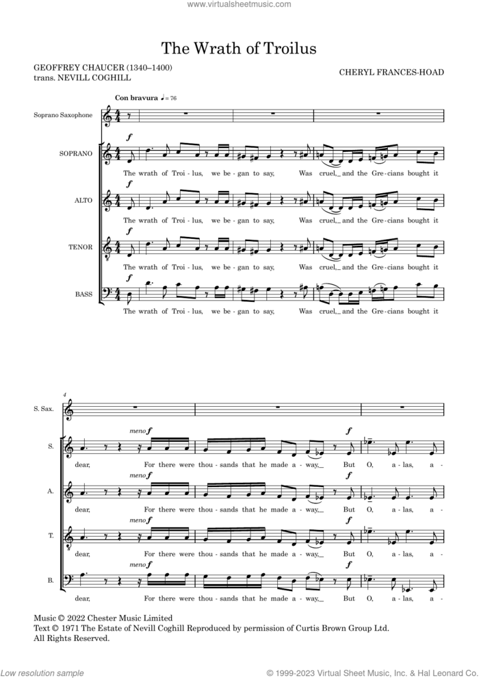 The Wrath Of Troilus sheet music for choir (SATB: soprano, alto, tenor, bass) by Cheryl Frances-Hoad, classical score, intermediate skill level