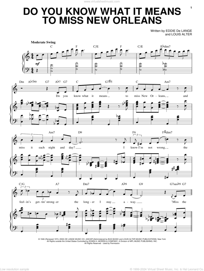 Do You Know What It Means To Miss New Orleans sheet music for voice and piano by Louis Armstrong, Eddie DeLange and Louis Alter, intermediate skill level