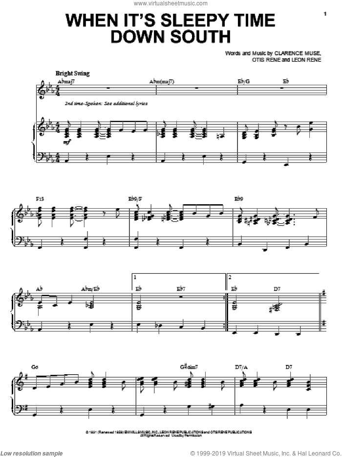 When It's Sleepy Time Down South sheet music for voice and piano by Louis Armstrong, Clarence Muse, Leon Rene and Otis Rene, intermediate skill level