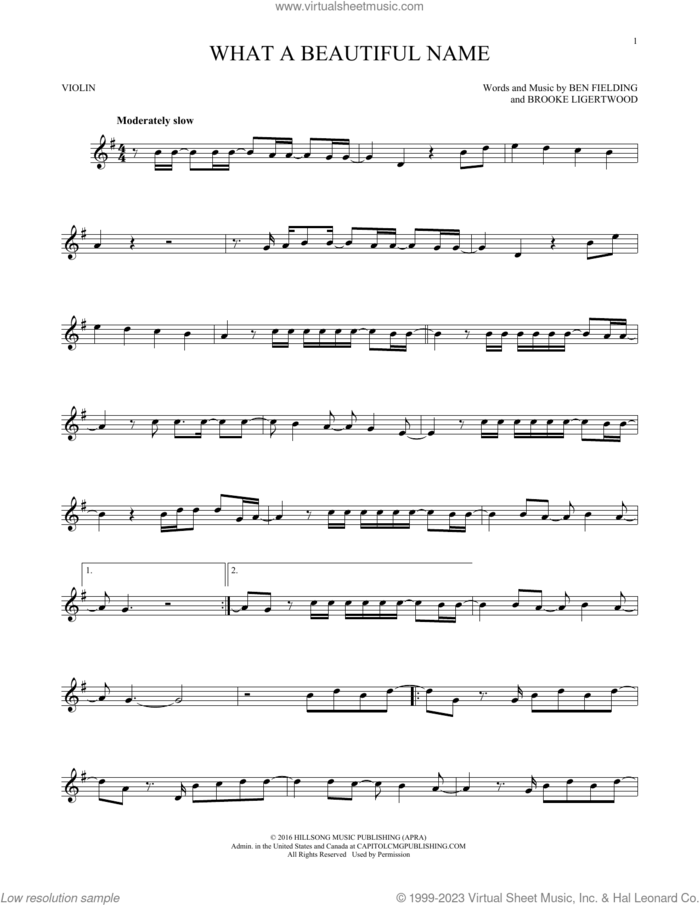 What A Beautiful Name sheet music for violin solo by Hillsong Worship, Ben Fielding and Brooke Ligertwood, intermediate skill level