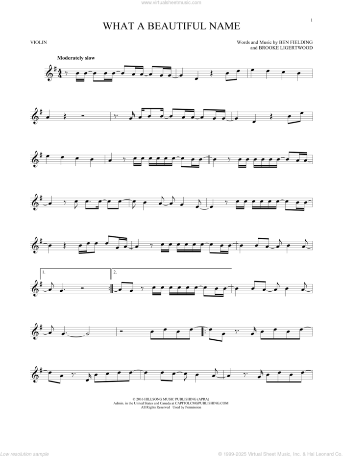 What A Beautiful Name sheet music for violin solo by Hillsong Worship, Ben Fielding and Brooke Ligertwood, intermediate skill level