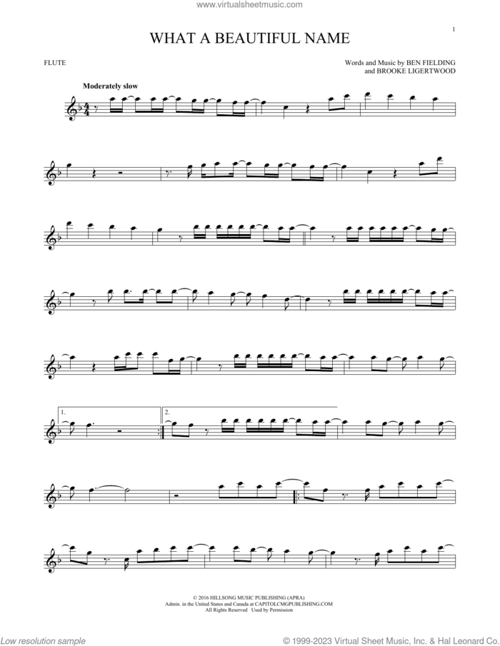 What A Beautiful Name sheet music for flute solo by Hillsong Worship, Ben Fielding and Brooke Ligertwood, intermediate skill level