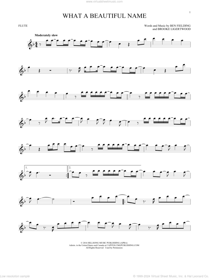 What A Beautiful Name sheet music for flute solo by Hillsong Worship, Ben Fielding and Brooke Ligertwood, intermediate skill level