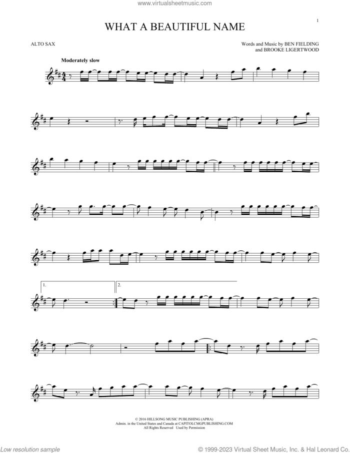 What A Beautiful Name sheet music for alto saxophone solo by Hillsong Worship, Ben Fielding and Brooke Ligertwood, intermediate skill level