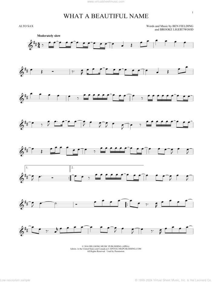 What A Beautiful Name sheet music for alto saxophone solo by Hillsong Worship, Ben Fielding and Brooke Ligertwood, intermediate skill level