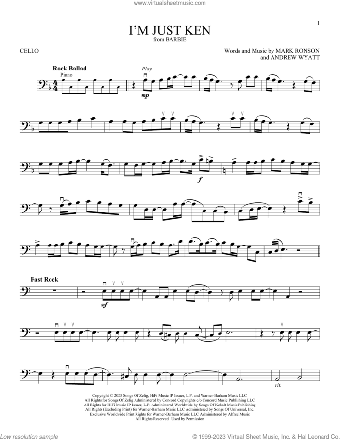 I'm Just Ken (from Barbie) sheet music for cello solo by Ryan Gosling, Andrew Wyatt and Mark Ronson, intermediate skill level