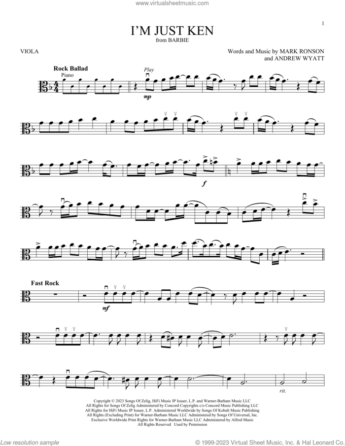 I'm Just Ken (from Barbie) sheet music for viola solo by Ryan Gosling, Andrew Wyatt and Mark Ronson, intermediate skill level