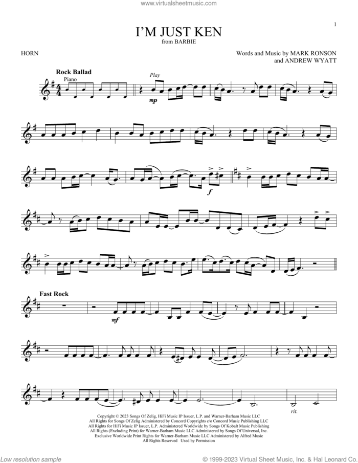 I'm Just Ken (from Barbie) sheet music for horn solo by Ryan Gosling, Andrew Wyatt and Mark Ronson, intermediate skill level
