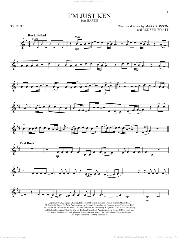 I'm Just Ken (from Barbie) sheet music for trumpet solo by Ryan Gosling, Andrew Wyatt and Mark Ronson, intermediate skill level