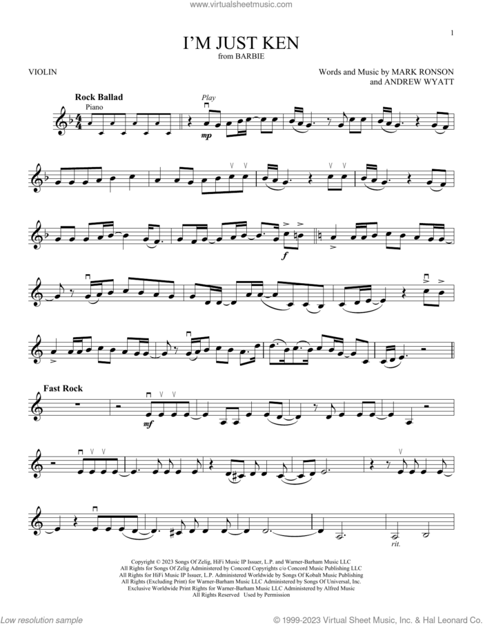 I'm Just Ken (from Barbie) sheet music for violin solo by Ryan Gosling, Andrew Wyatt and Mark Ronson, intermediate skill level