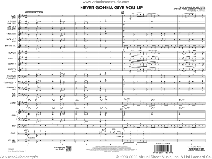 Never Gonna Give You Up (arr. Rick Stitzel) (COMPLETE) sheet music for jazz band by Rick Stitzel, Matthew Aitken, Mike Stock, Pete Waterman and Rick Astley, intermediate skill level