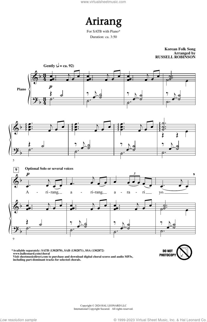 Arirang (arr. Russell Robinson) sheet music for choir (SATB: soprano, alto, tenor, bass) by Korean folk song and Russell Robinson, intermediate skill level