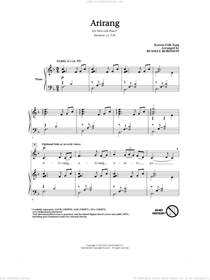 Arirang (arr. Russell Robinson) sheet music for choir (SSA: soprano, alto) by Korean folk song and Russell Robinson, intermediate skill level