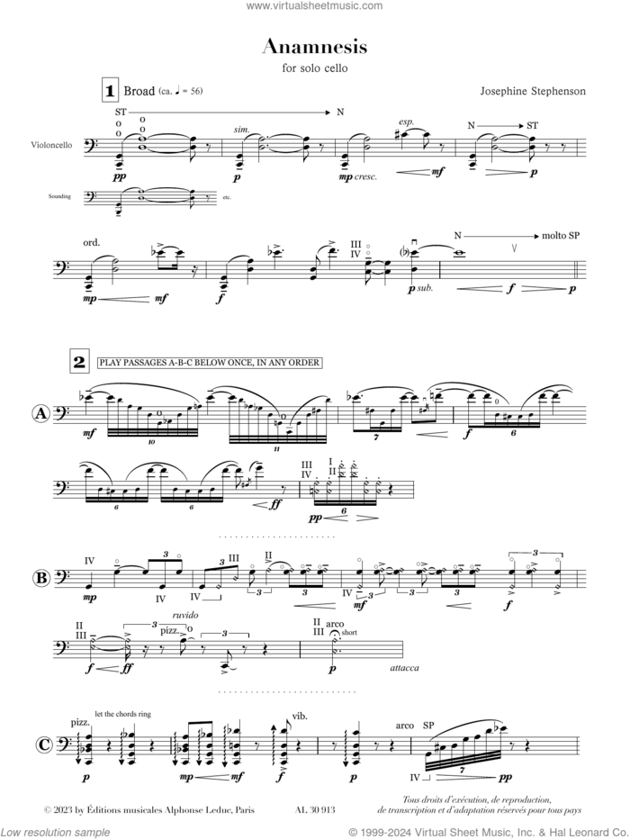 Anamnesis sheet music for cello solo by Josephine Stephenson, classical score, intermediate skill level