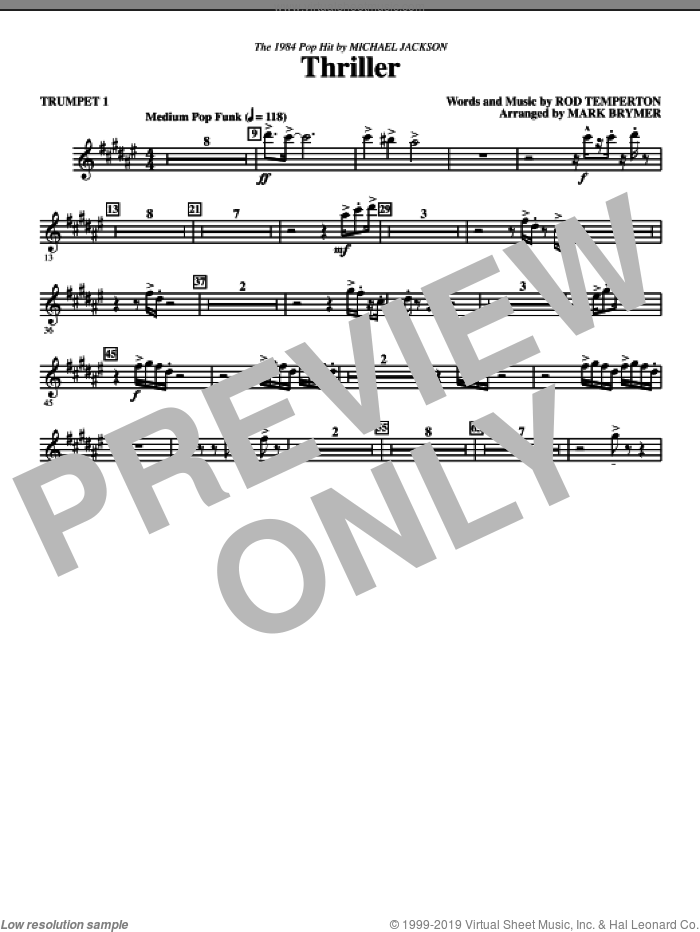 Thriller (complete set of parts) sheet music for orchestra/band by Mark Brymer, Rod Temperton and Michael Jackson, intermediate skill level