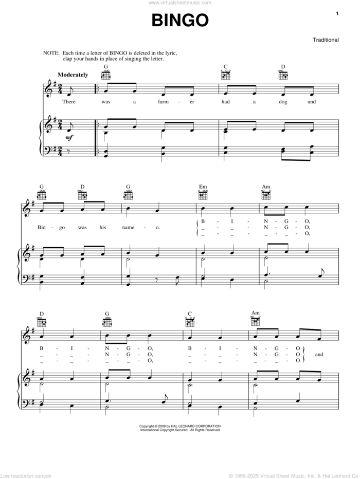 Bingo sheet music for voice, piano or guitar, intermediate skill level