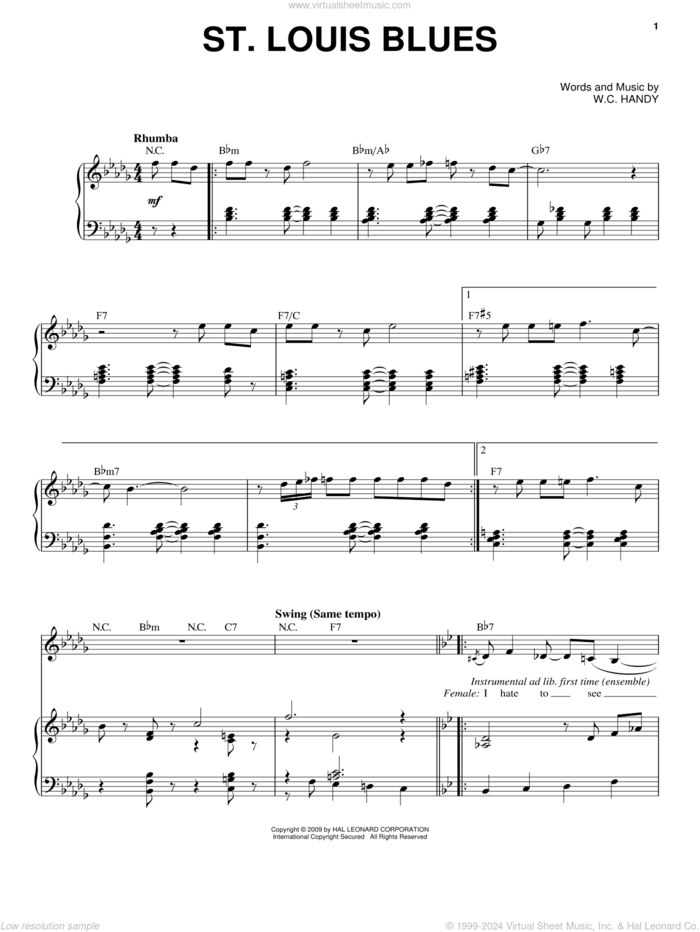 St. Louis Blues sheet music for voice and piano by Louis Armstrong, Bessie Smith and W.C. Handy, intermediate skill level