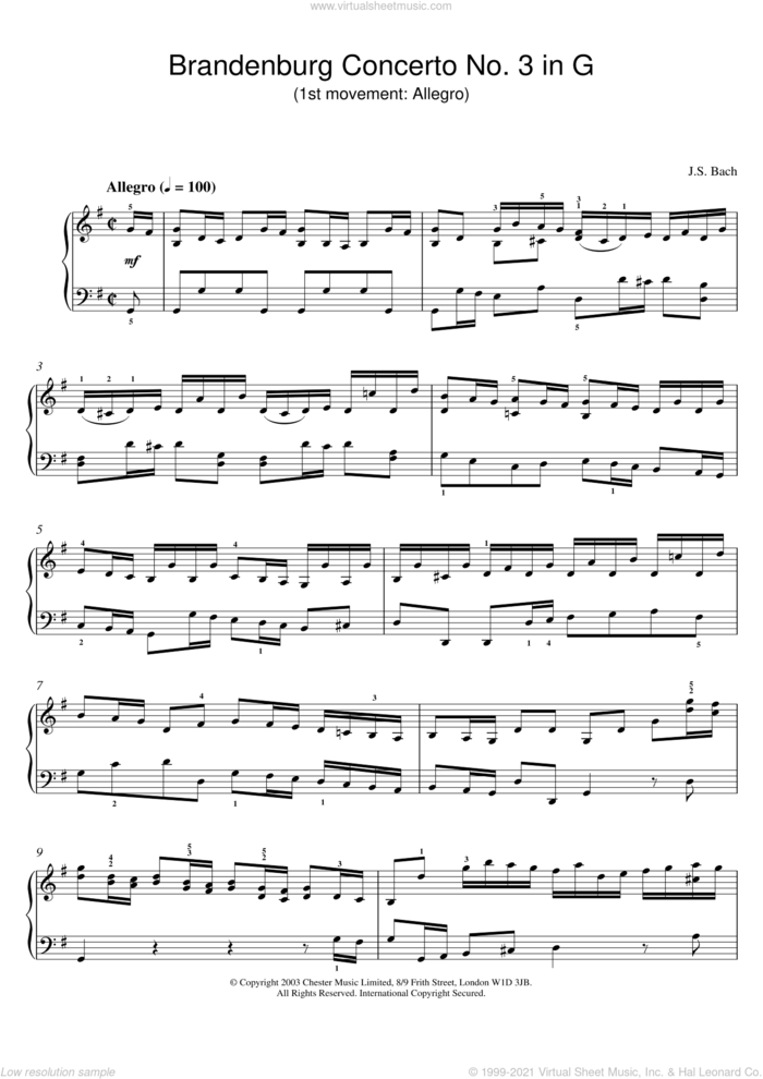 Brandenburg Concerto No. 3 in G (1st movement: Allegro) sheet music for piano solo by Johann Sebastian Bach, classical score, intermediate skill level