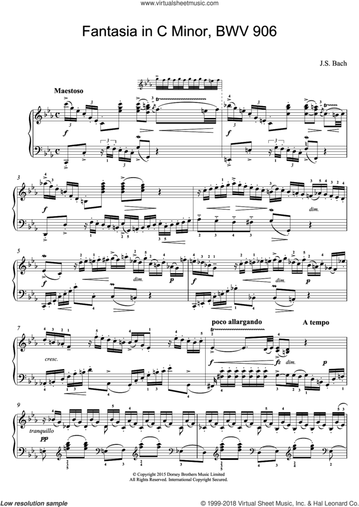 Fantasia in C Minor, BWV 906 sheet music for piano solo by Johann Sebastian Bach, classical score, intermediate skill level