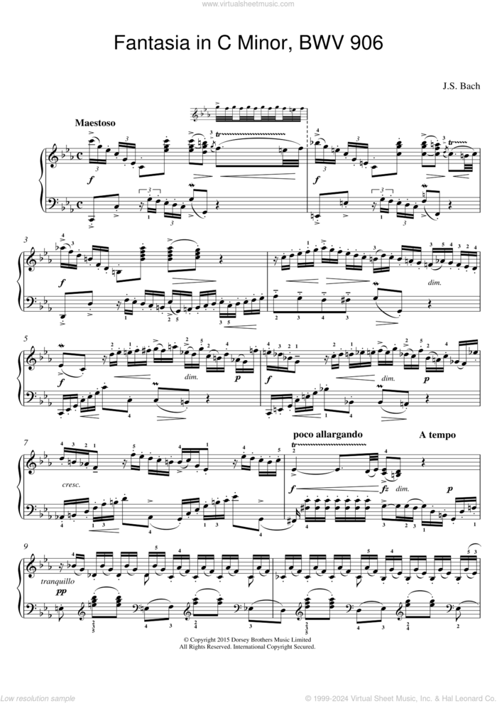 Fantasia in C Minor, BWV 906 sheet music for piano solo by Johann Sebastian Bach, classical score, intermediate skill level