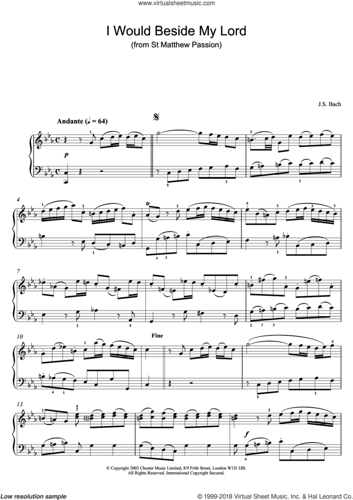 I Would Beside My Lord (from St Matthew Passion) sheet music for piano solo by Johann Sebastian Bach, classical score, intermediate skill level