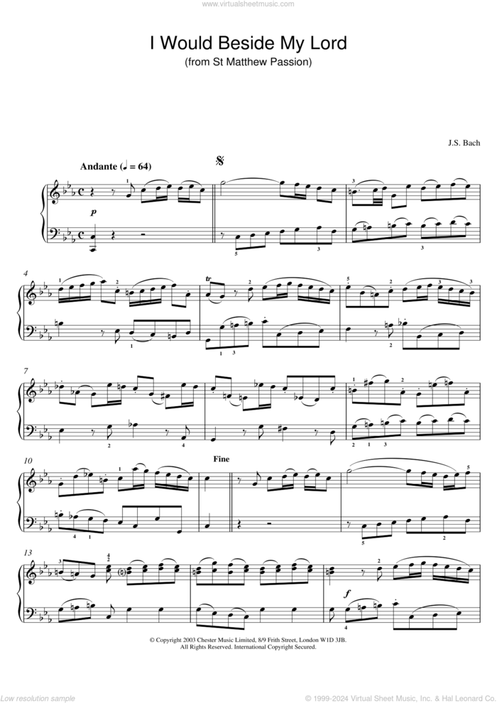 I Would Beside My Lord (from St Matthew Passion) sheet music for piano solo by Johann Sebastian Bach, classical score, intermediate skill level