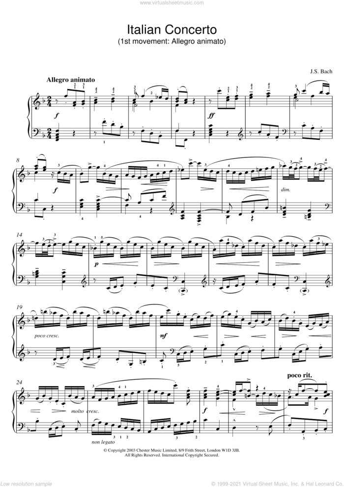 Italian Concerto (1st movement: Allegro animato) sheet music for piano solo by Johann Sebastian Bach, classical score, intermediate skill level